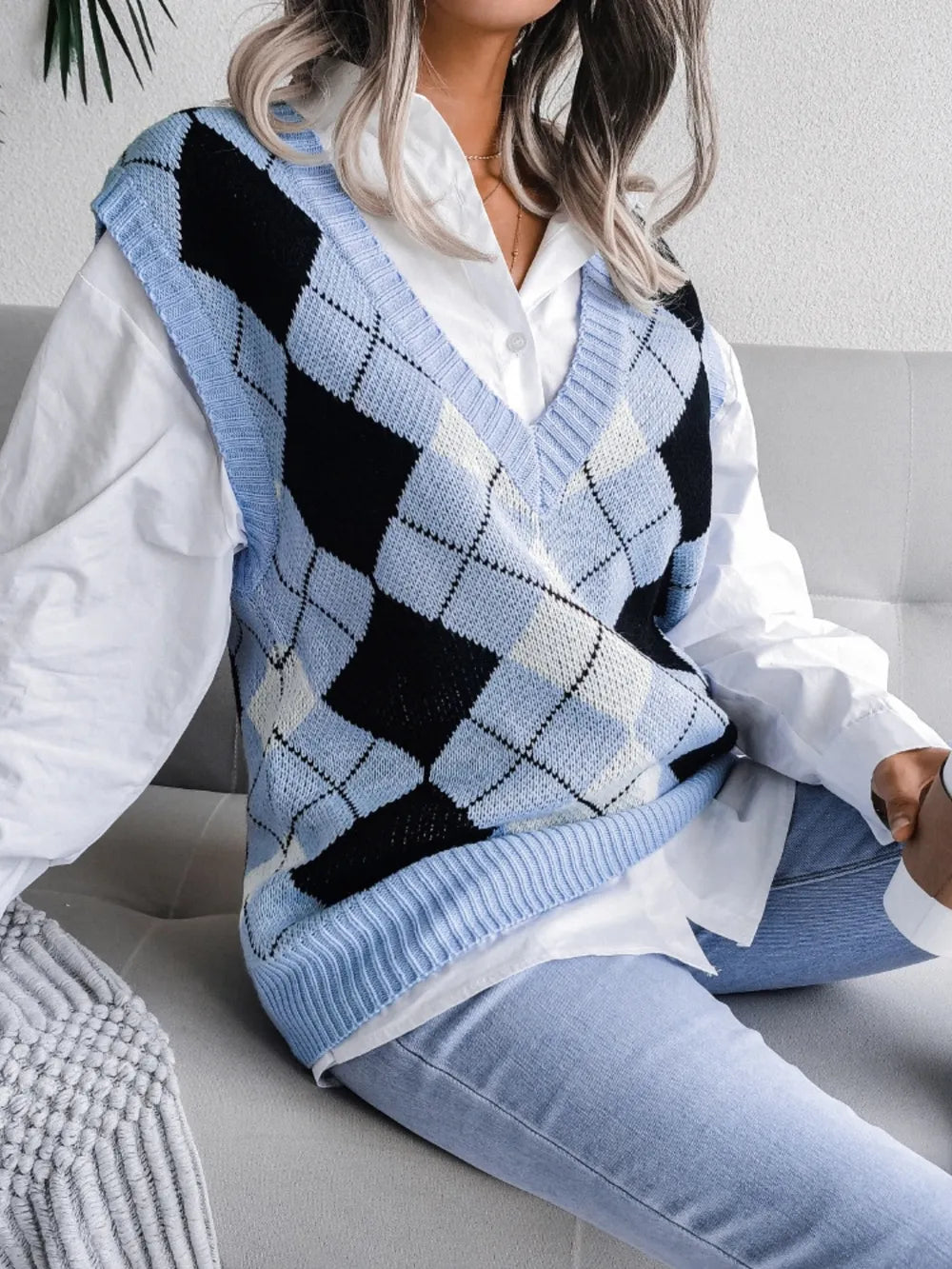 Plaid V Neck Sweater Vest in Khaki view 12
