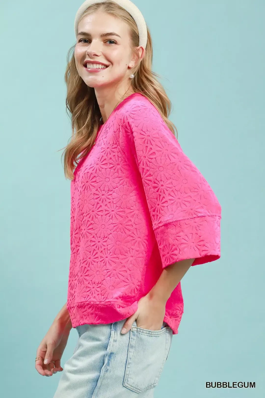 Pink floral terry round neck blouse back view