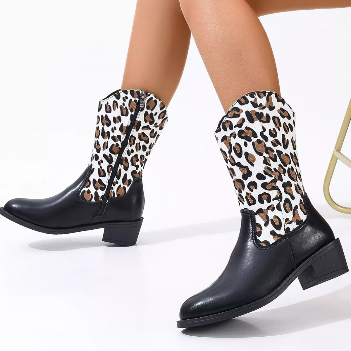 Point toe block heel boots back heel view