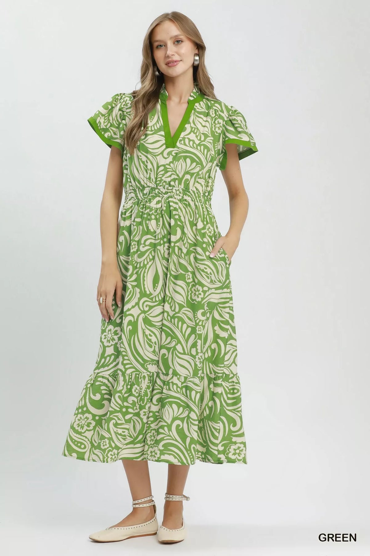 Green paisley midi dress ruffle hem detail