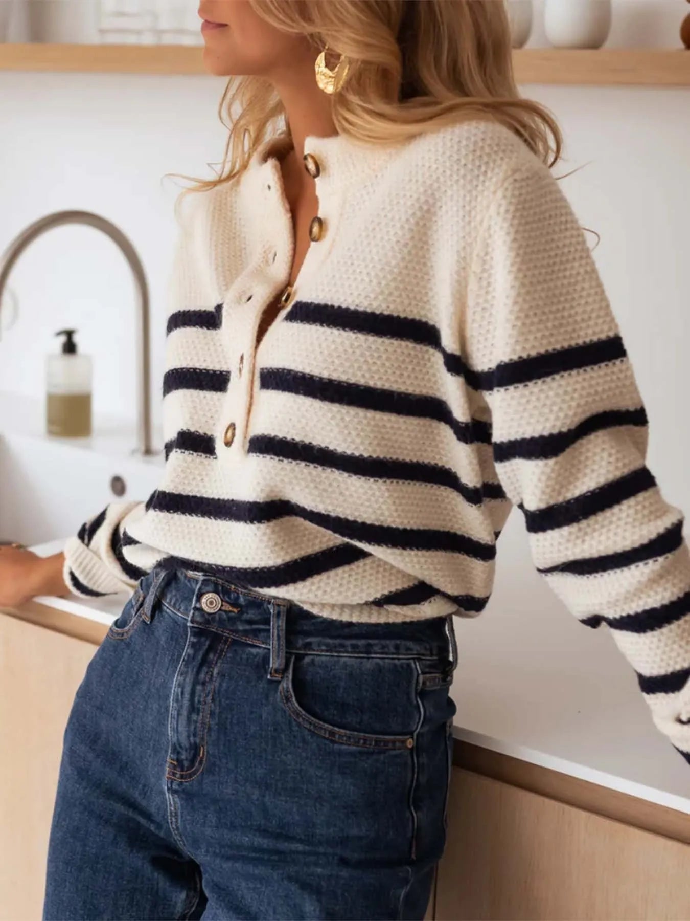 Striped Button-Front Sweater - Fashorio
