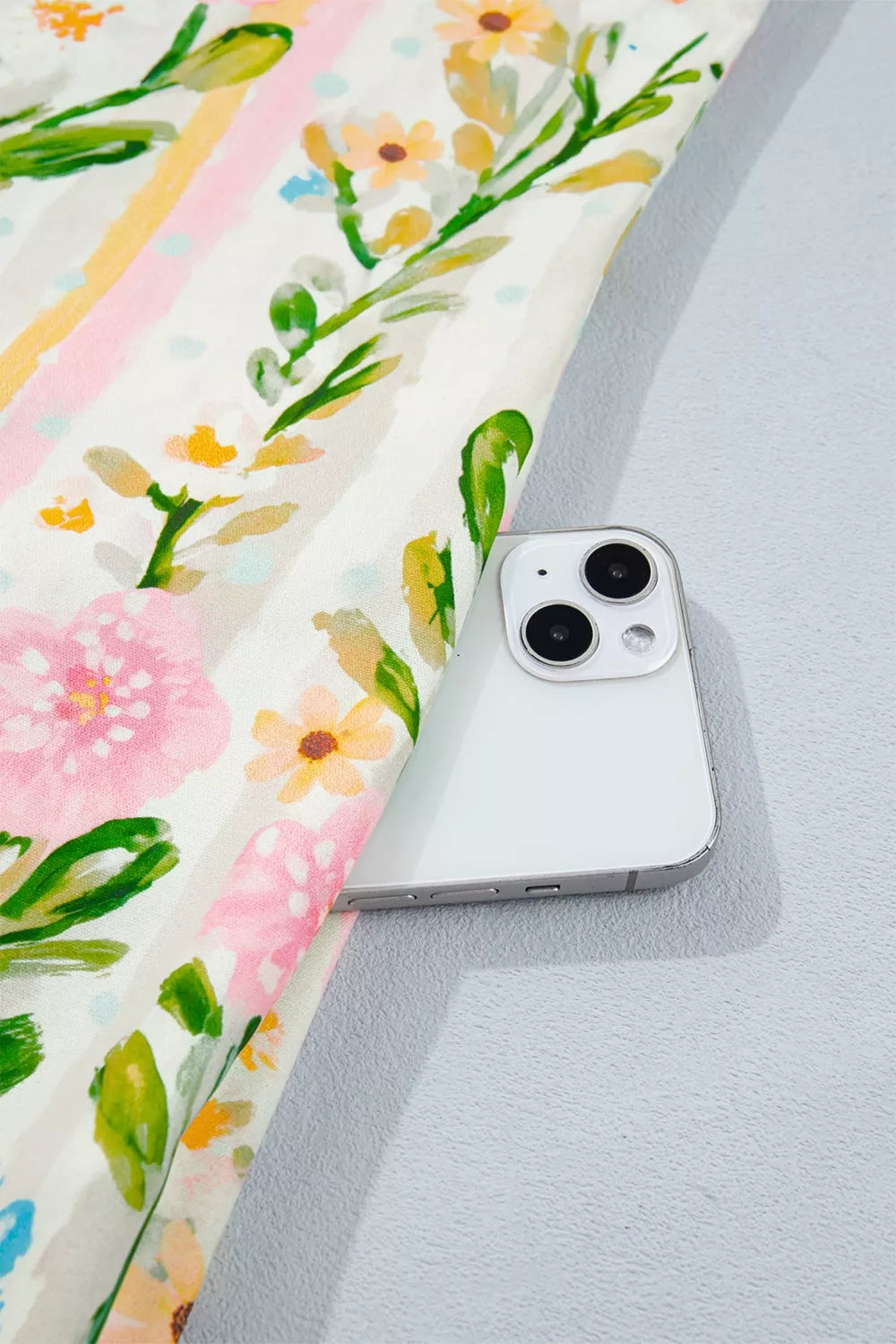 Multicolor floral print button down shift dress close up view
