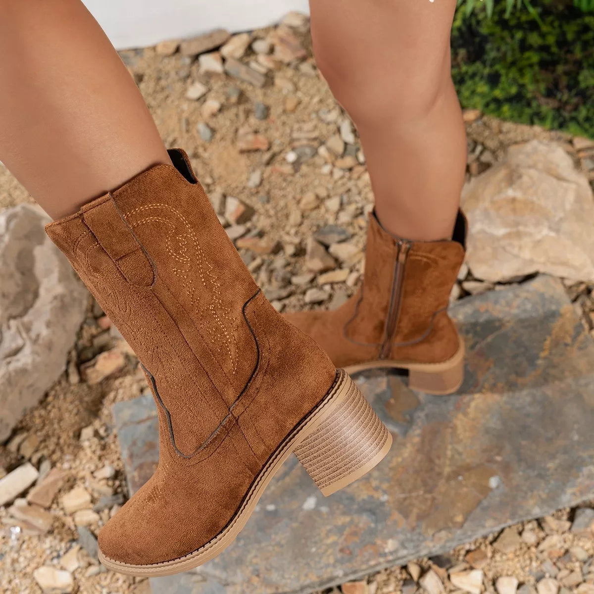 Suede Block Heel Western Boots front view