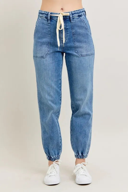 High waist denim joggers front view