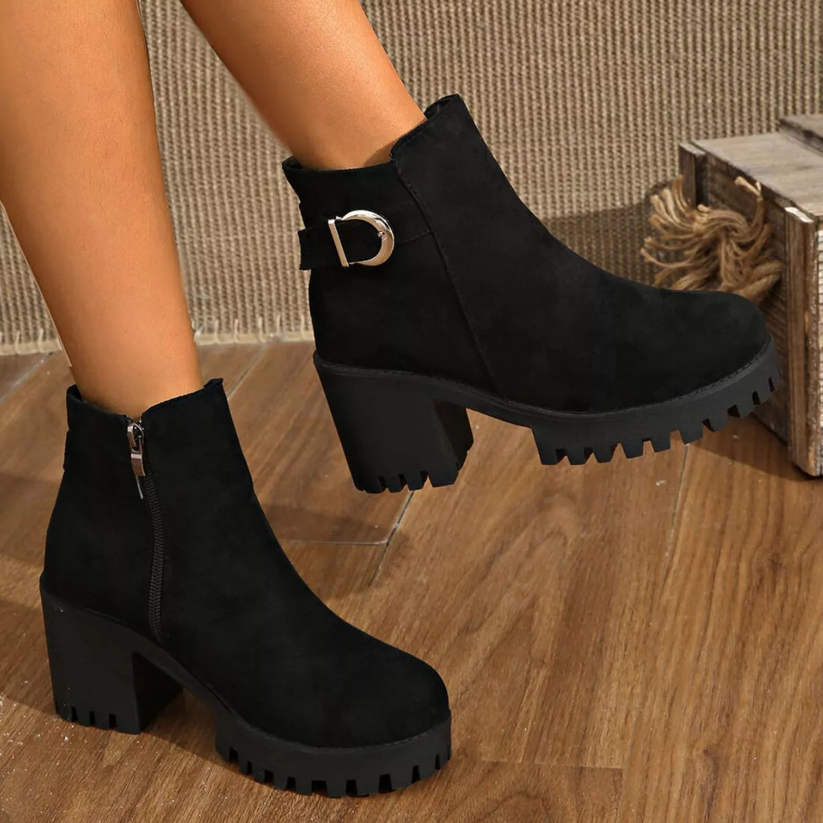 Suede round toe block heel boots sole and tread