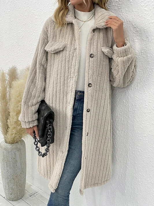 Collared Neck Drop Shoulder Coat Beige - Fashorio