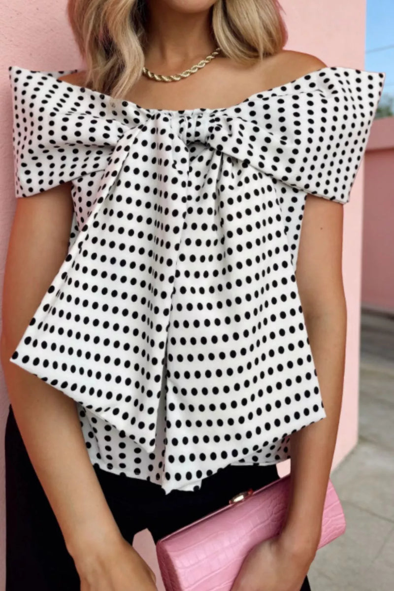 White polka dot off shoulder bow blouse, front view