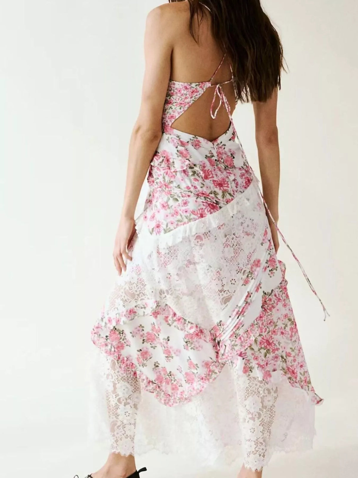 Lace detail ruffled floral v neck maxi dress, detail view 15