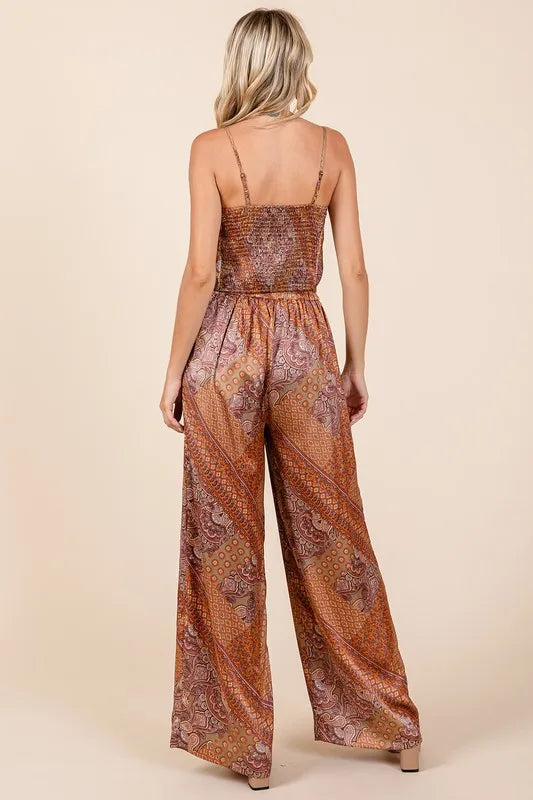 Paisley patchwork satin wide leg pants full length styling