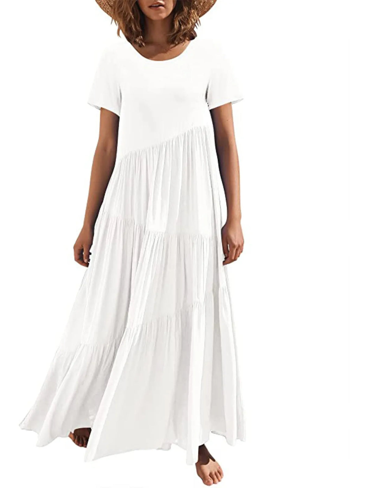 round neck tiered ruffle maxi dress outdoor styling