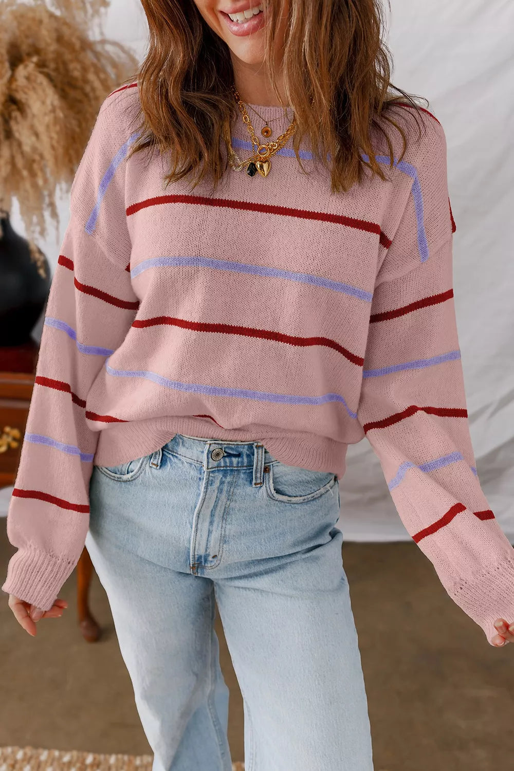 striped drop shoulder long sleeve sweater dusty pink front view