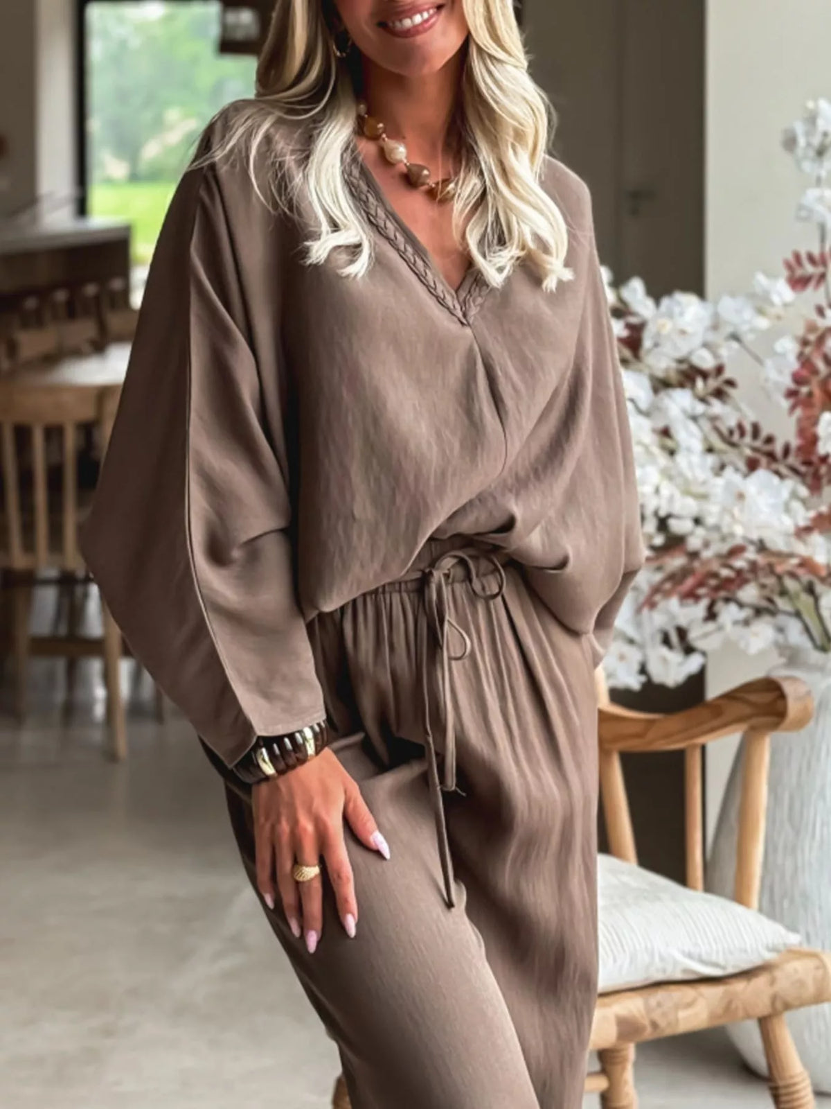 Braided V Neck Loose Top and High Waist Pants Two Piece Set, view 6