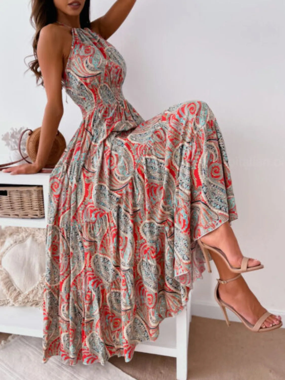 Printed halter neck backless maxi dress, fabric detail