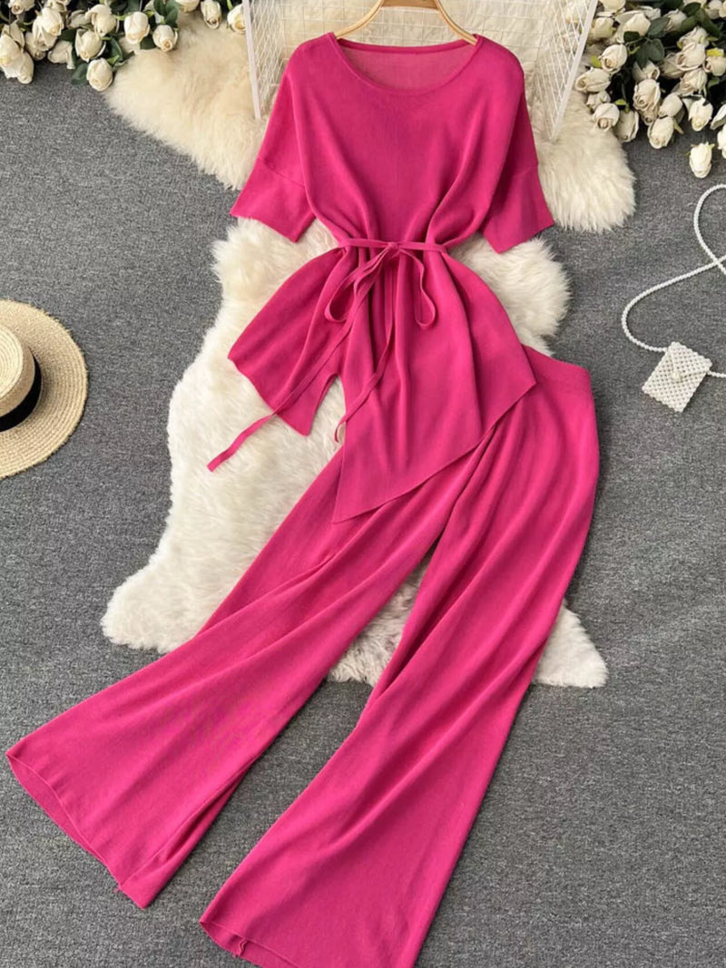 Short sleeve top and wide leg pants set front view