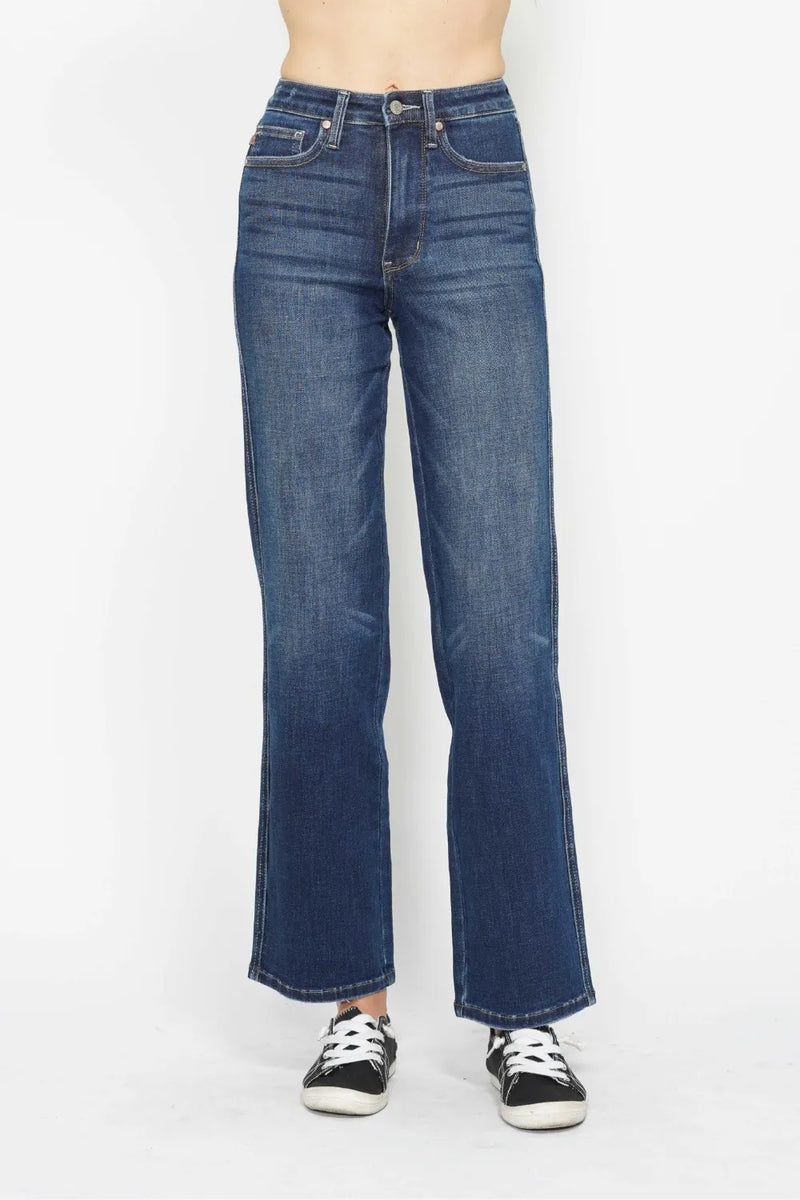 Dark wash high waist tummy control jeans front view