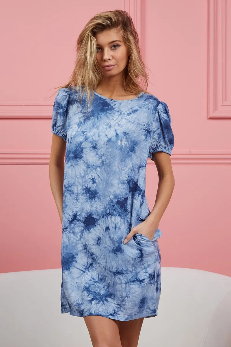 Tie Dye Puff Sleeve Dress with Pockets in Navy view 7