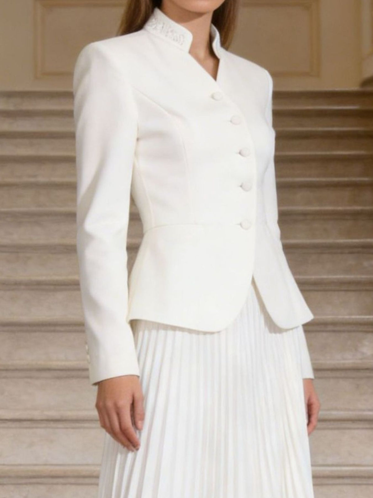 White button up top and pleated skirt set styled look