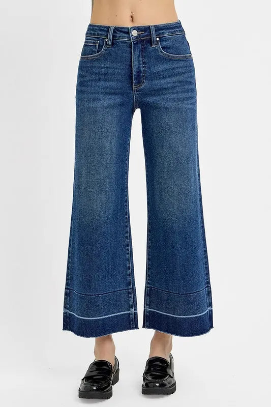 RISEN Full Size Tummy Control High Rise Crop Wide Hem Jeans Plus Size Dark - Fashorio