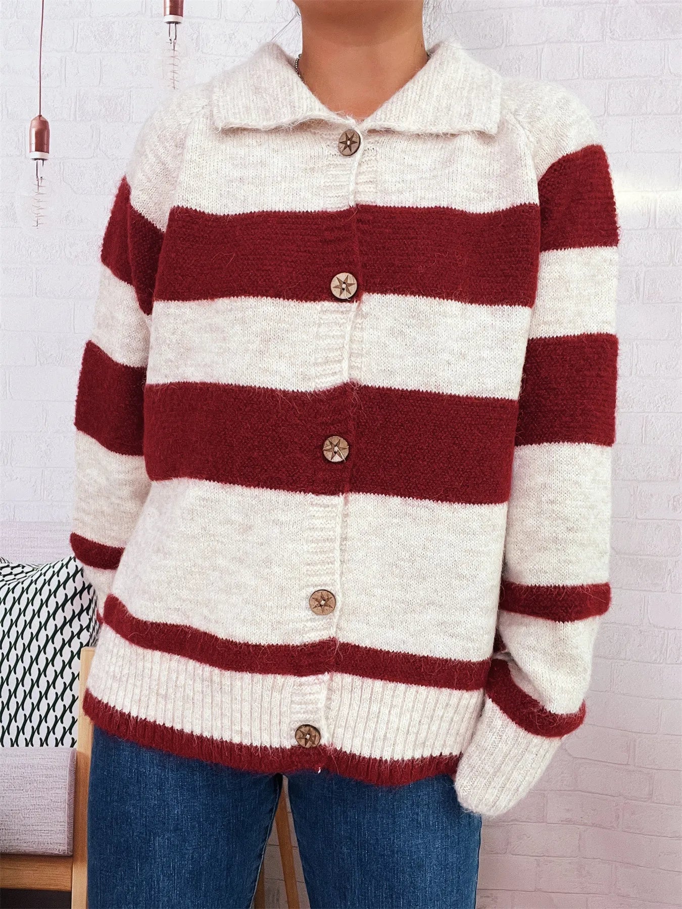 Striped Button-Up Cozy Cardigan - Fashorio