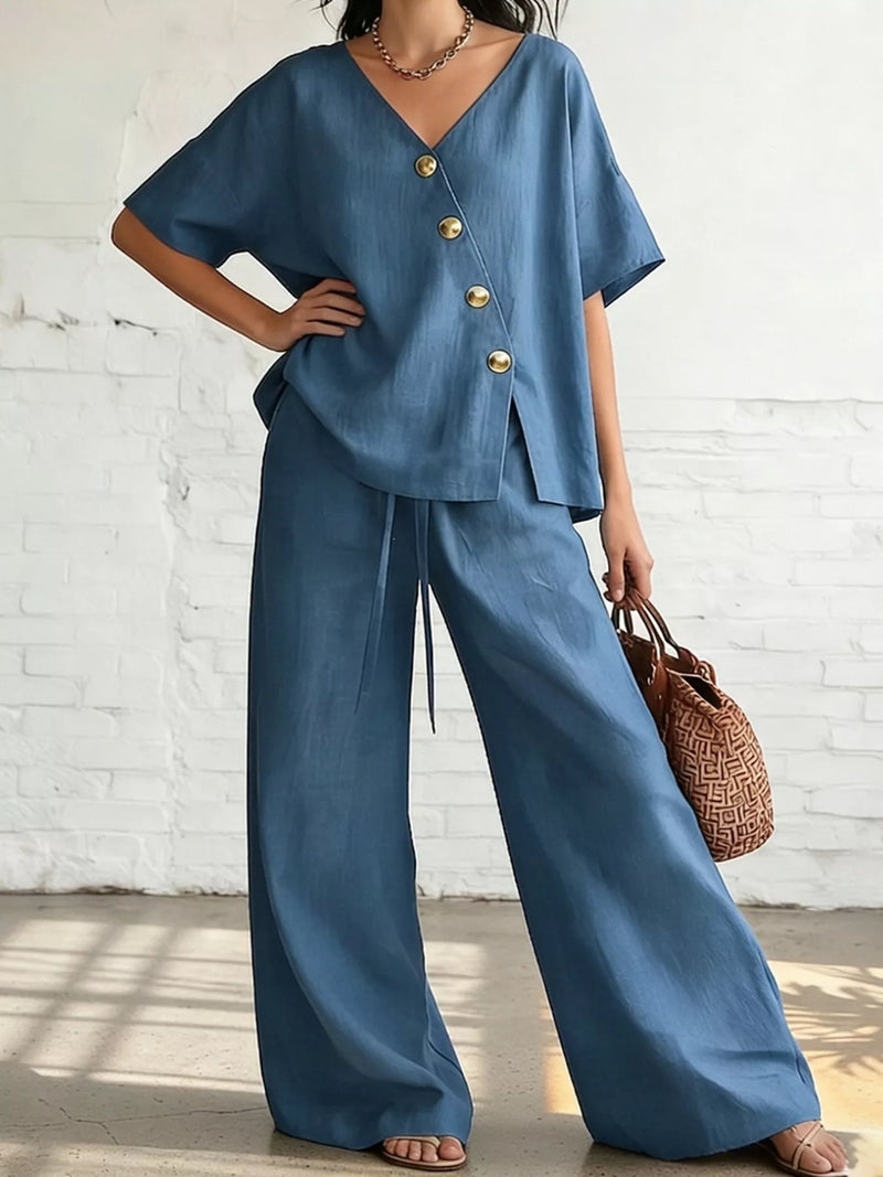 Belinda surplice top and wide leg pants set shown on a model