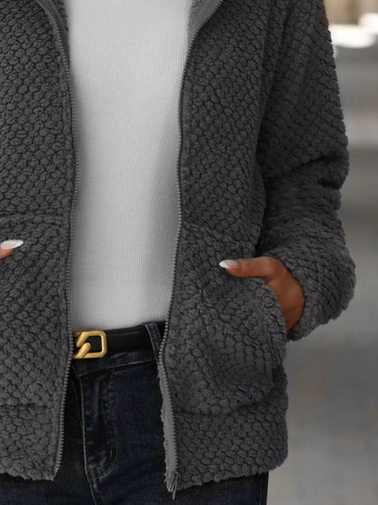 Textured Knit Zip-Up Hooded Outerwear - Fashorio