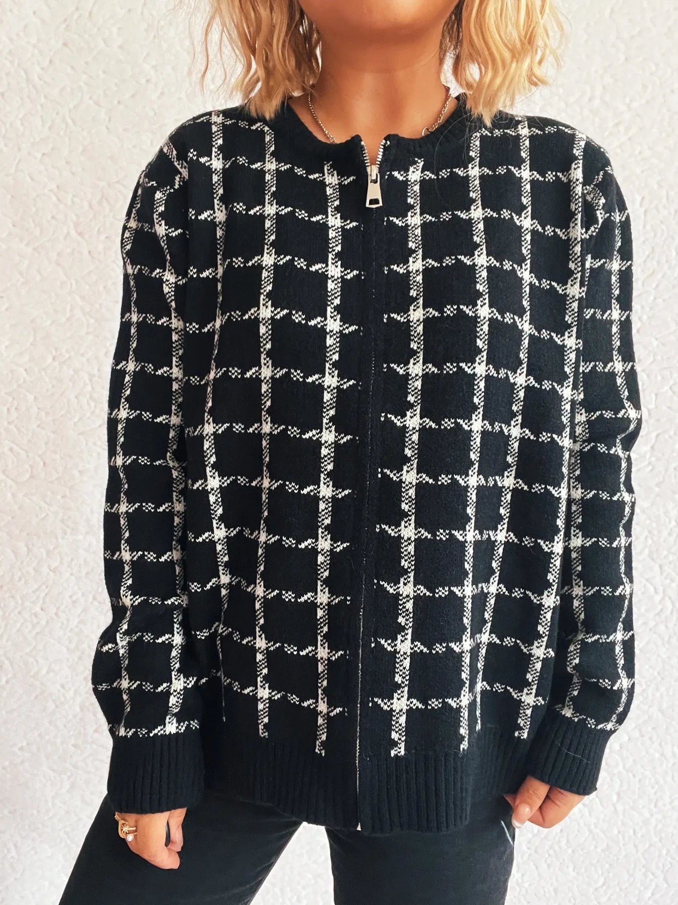 Plaid Pattern Zip Up Cardigan - Fashorio