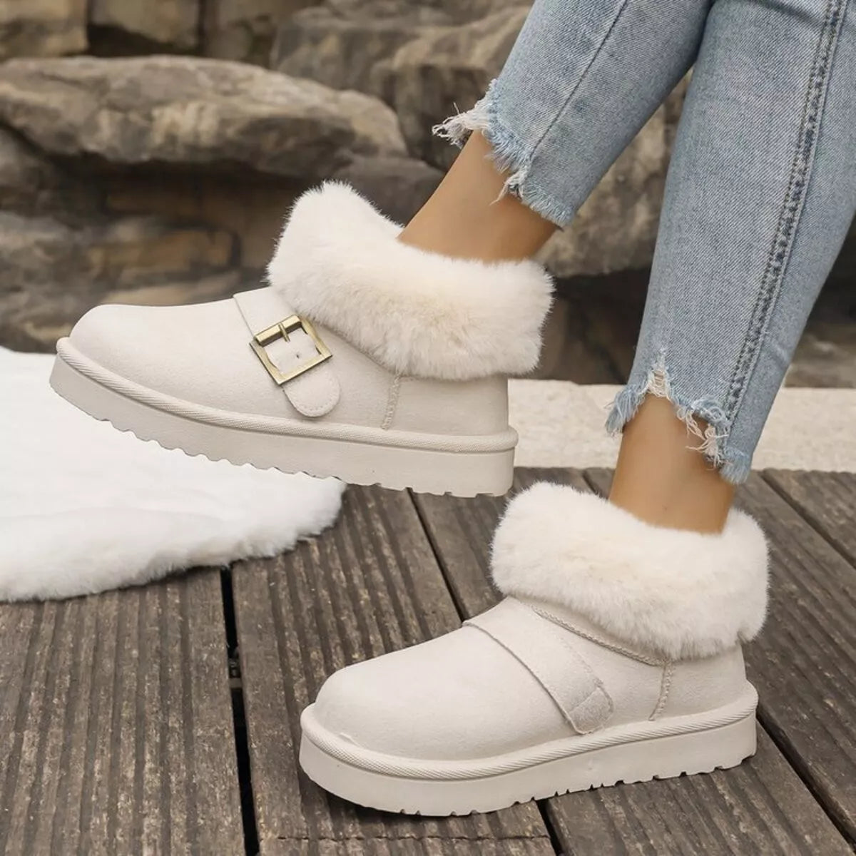 fuzzy trim buckle winter boots full length view