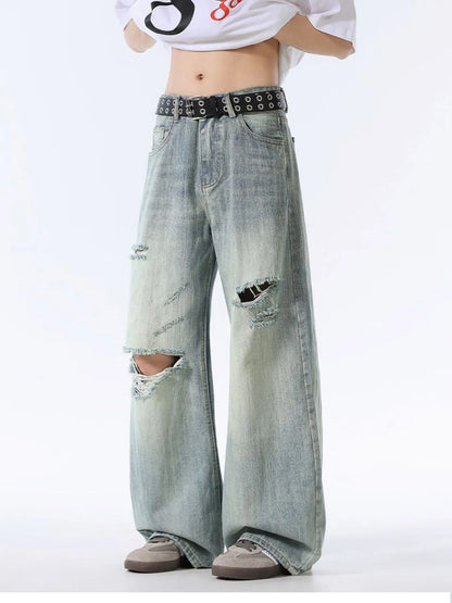 Men's Full Size Distressed Washed Wide Leg Jeans Plus Size Mint Green - Fashorio