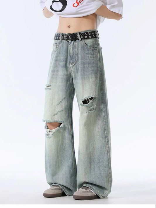 Men's Full Size Distressed Washed Wide Leg Jeans Plus Size Mint Green - Fashorio