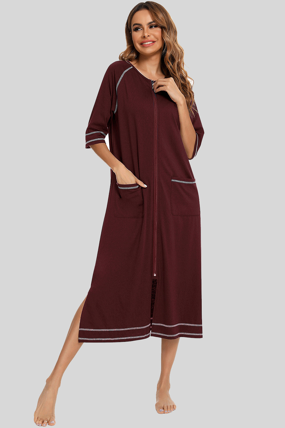 Zip Up Slit Round Neck Night Dress with Pockets Burnt Umber - Fashorio