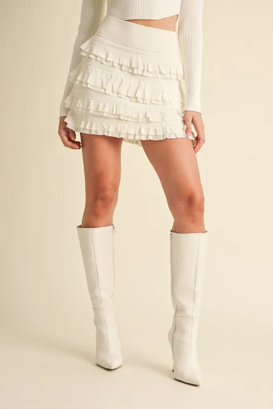 MABLE Ruffled Detail High Waist Knit Mini Skirt - Fashorio