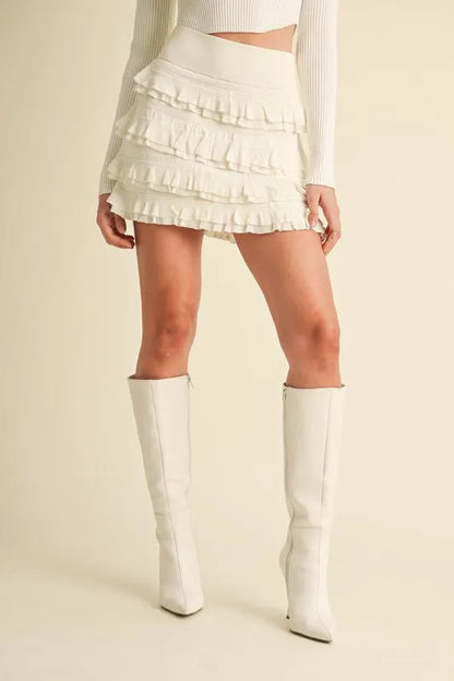 MABLE Ruffled Detail High Waist Knit Mini Skirt - Fashorio