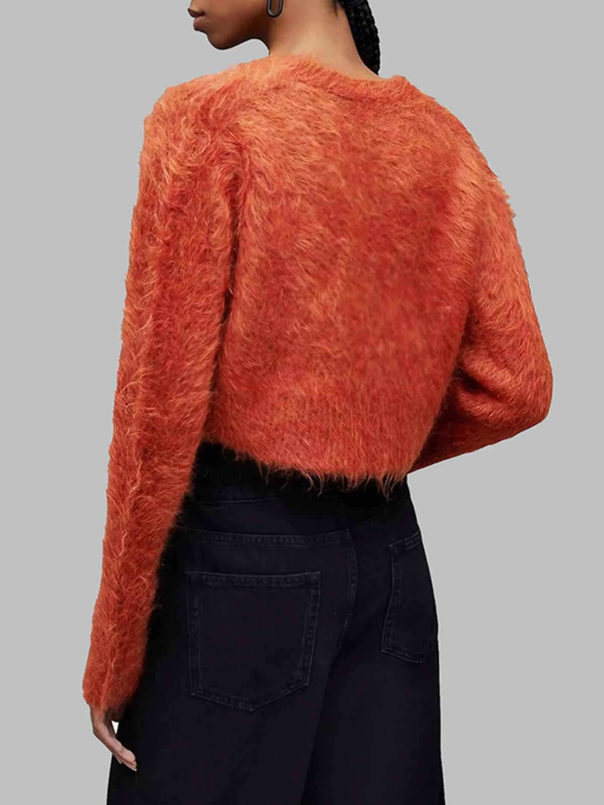 fluffy knit cropped cardigan close up of the neckline