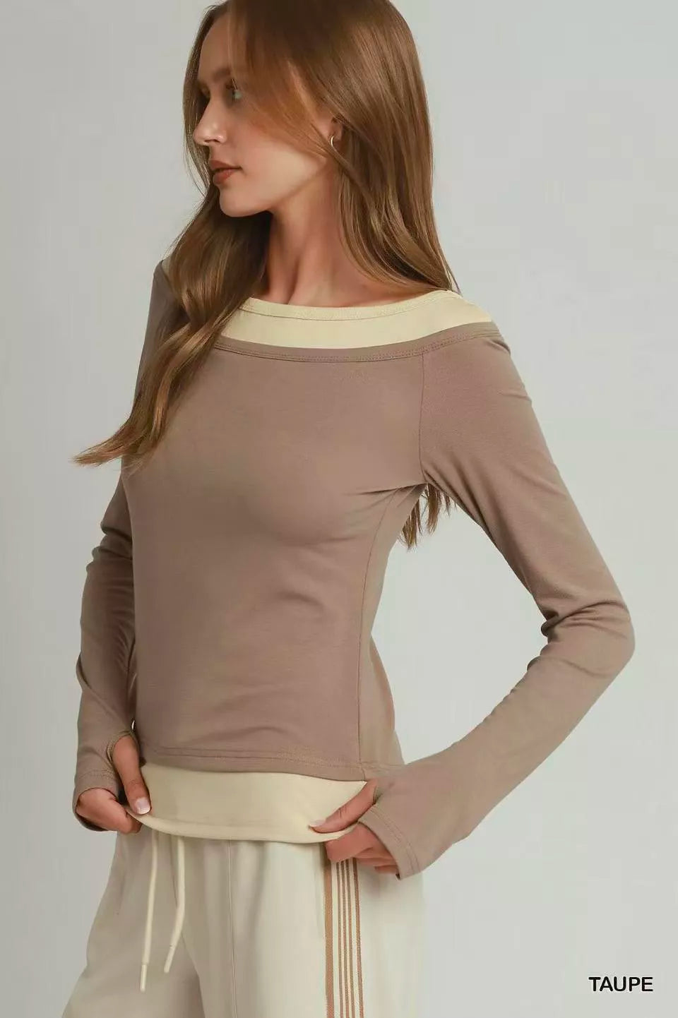 Taupe Umgee layered twofer long sleeve top back view