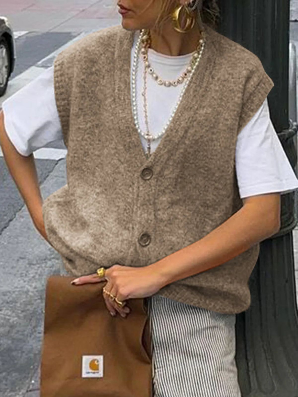Button Front Sweater Vest in Brown back view