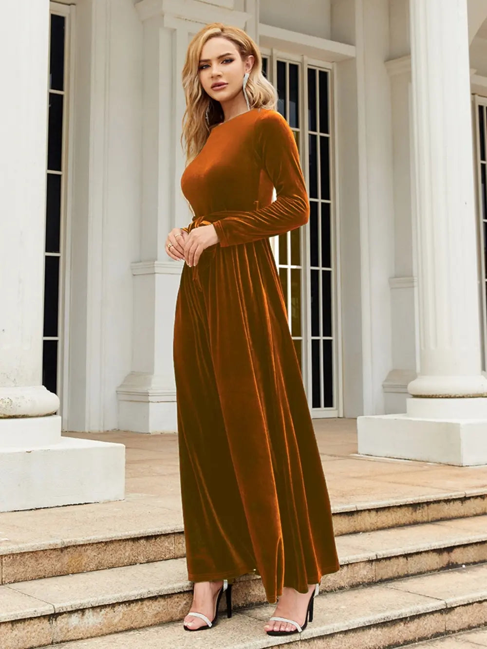 tie front long sleeve maxi dress three quarter view