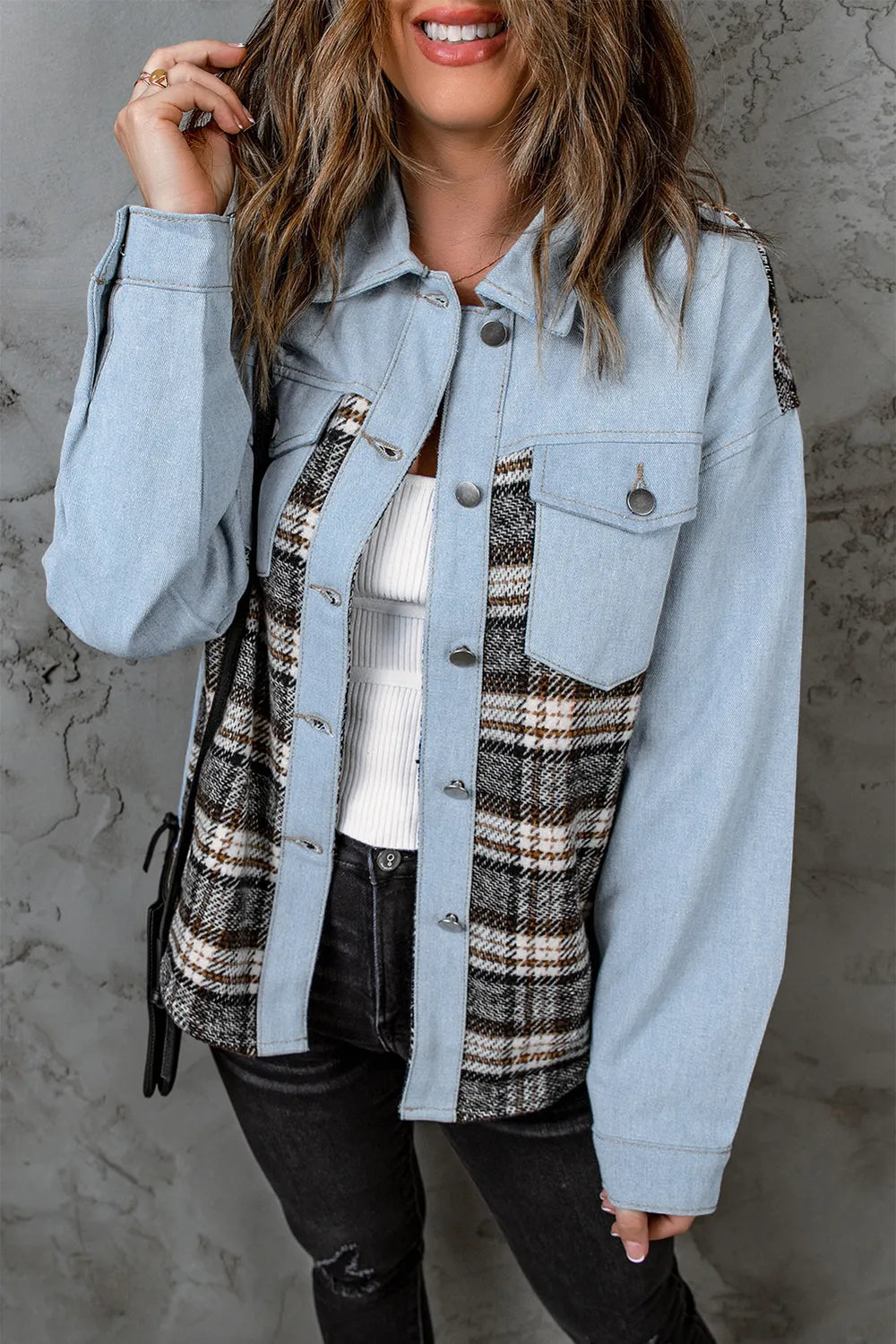Plaid Pocketed Button Up Denim Jacket - Fashorio