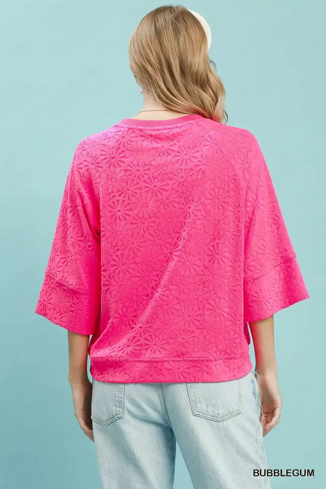 Pink floral terry round neck blouse side view