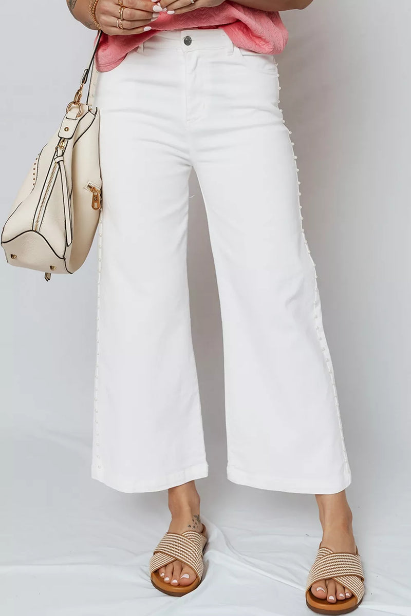 White pearl embellished side seam ankle jeans front view