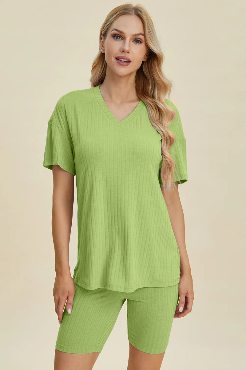 Ribbed V neck top and shorts set yellow green front view