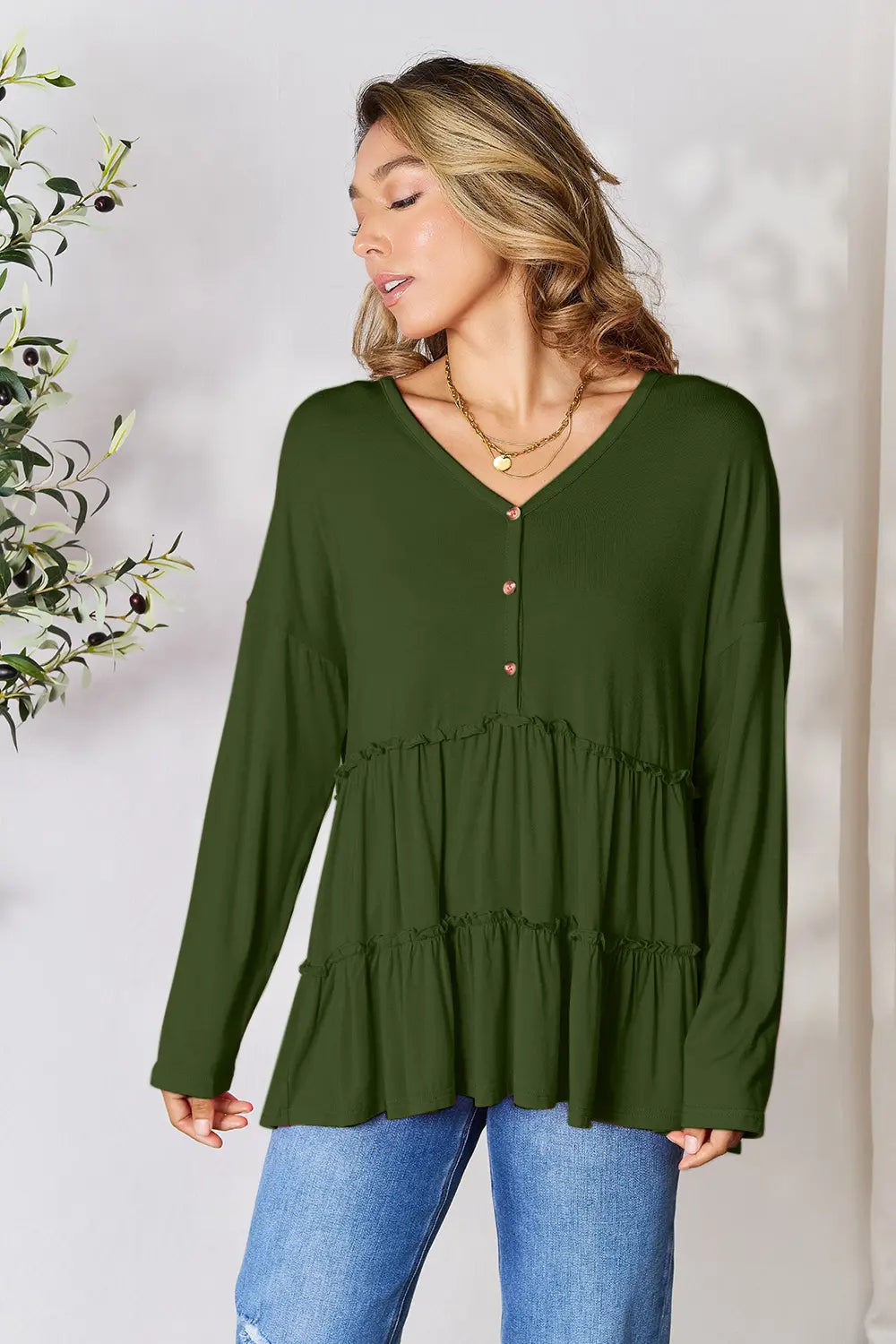 Double Take Half Button Long Sleeve Ruffle Hem Blouse - Fashorio