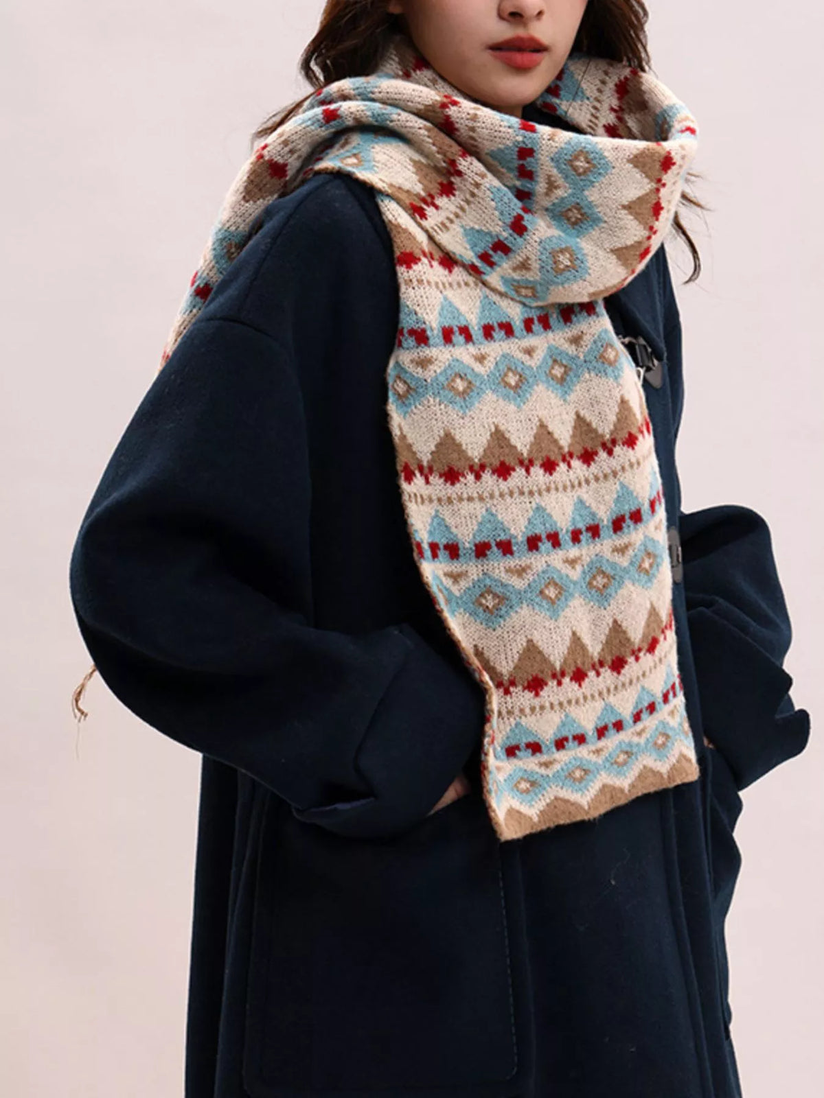 Vintage geometric scarf styled with a winter coat