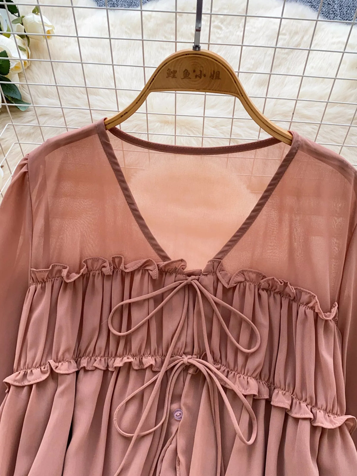 Ruffle tie front chiffon blouse, styled look