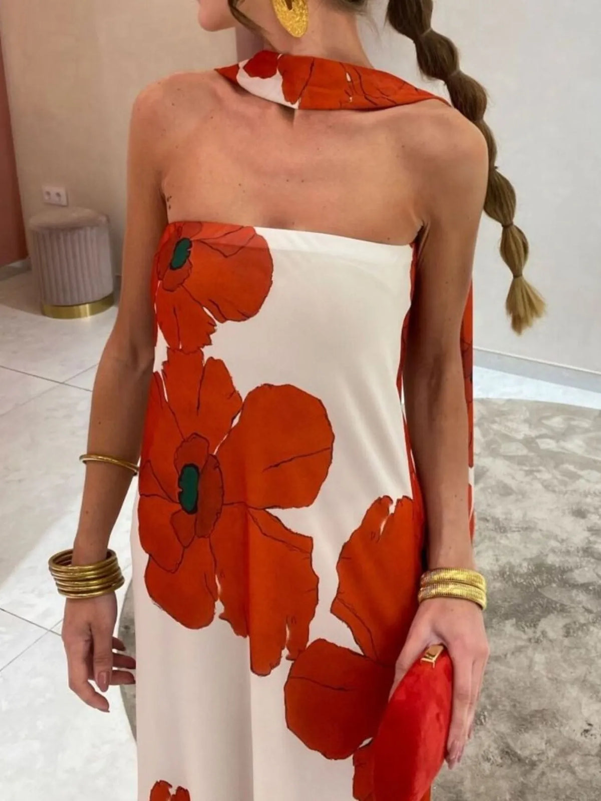 Printed tube maxi dress movement shot
