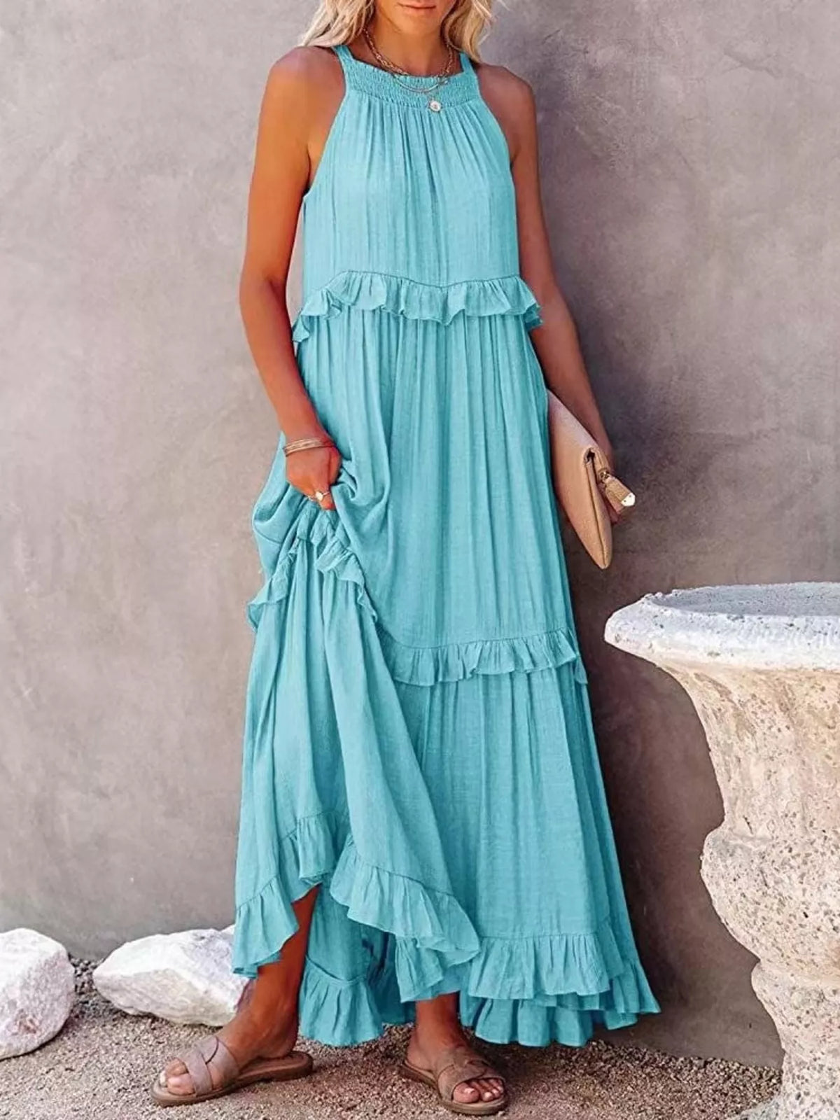 Ruffled tiered sleeveless maxi dress front view