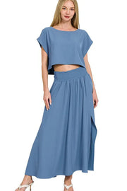 Zenana Heavy Woven Span Crop Tee & Skirt Set DUSTY BLUE - Fashorio