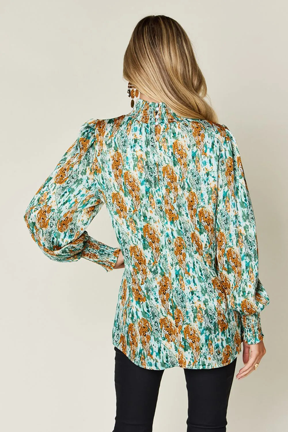 Double Take Printed Frill Smocked Long Sleeve Blouse, view 30