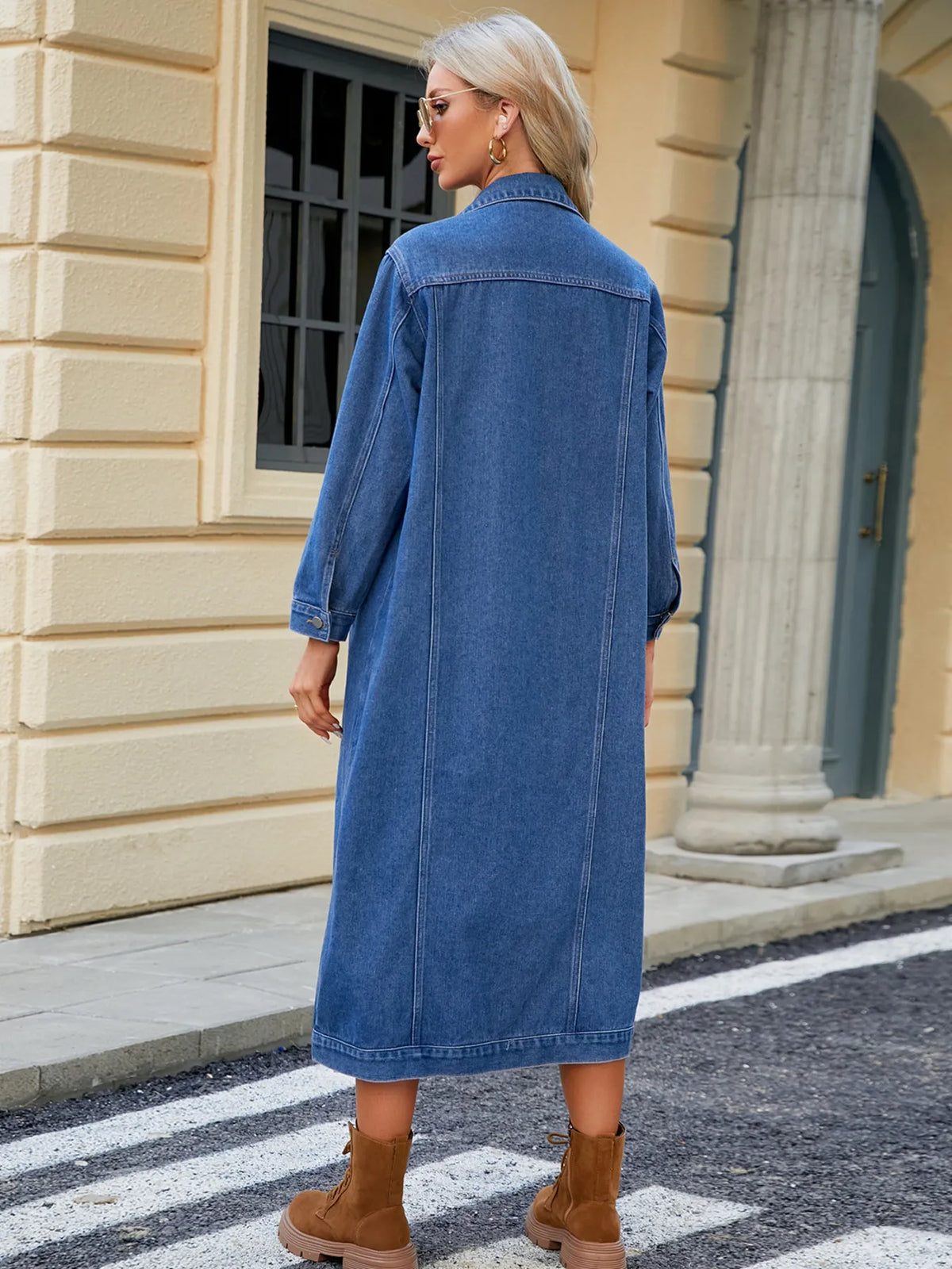 Longline Button Up Denim Jacket in Blue on model