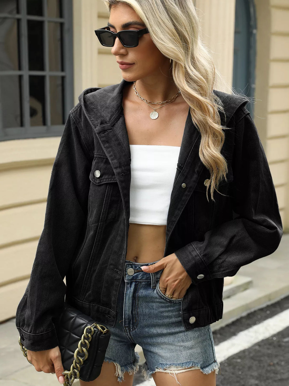 Washed Hooded Denim Jacket in Black side view