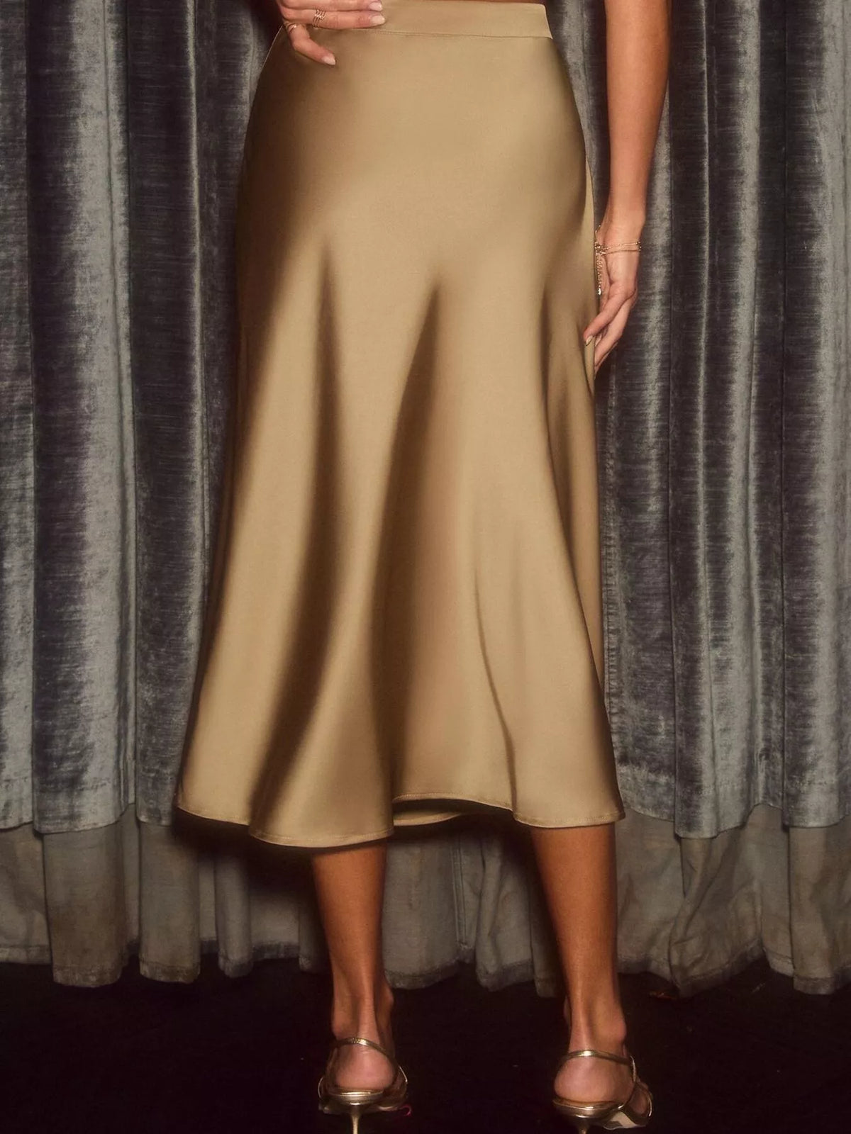 Satin midi skirt styled full length view